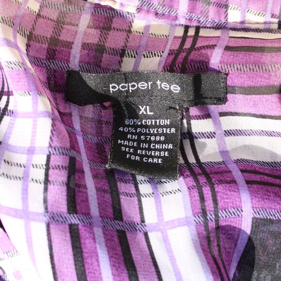 Paper Tee Purple Plaid Ruffle Blouse Sleeveless Sheer Top XL - Picture 2 of 5